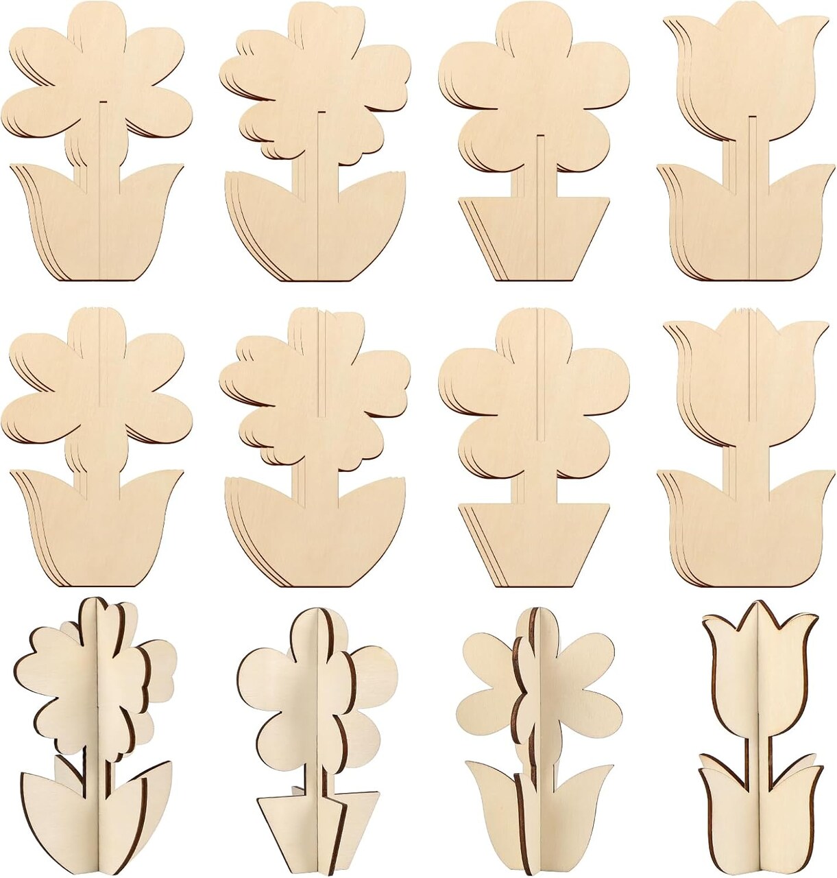DIY 3D Flower Spring Wood Crafts to Paint for Kids Adults, Paintable Unfinished Wooden Slices for Craft, Flowers Cutouts Ornaments for Painting Decorations (24 PCS)